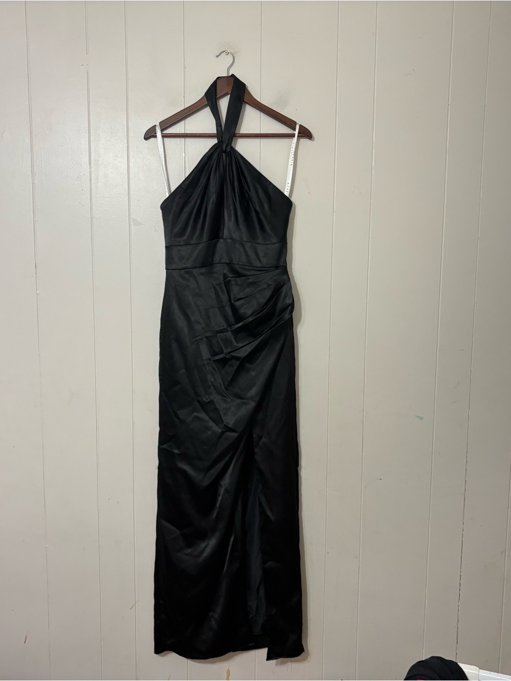 Azazie Zaya Black Satin Halter Dress A8 Formal Slit Sheath Pleated Prom Wedding - Picture 2 of 9